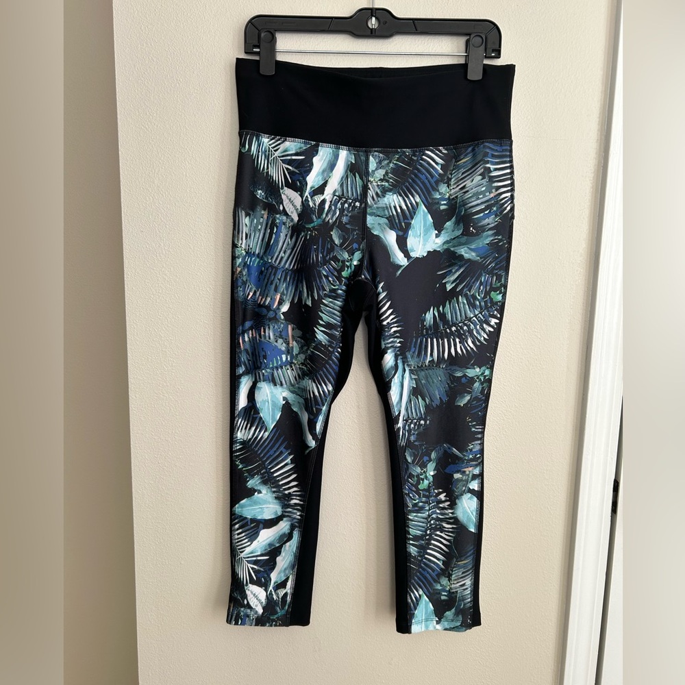 Spalding Palm Tropical Print Blue Green Black Athletic Workout Leggings Size XL